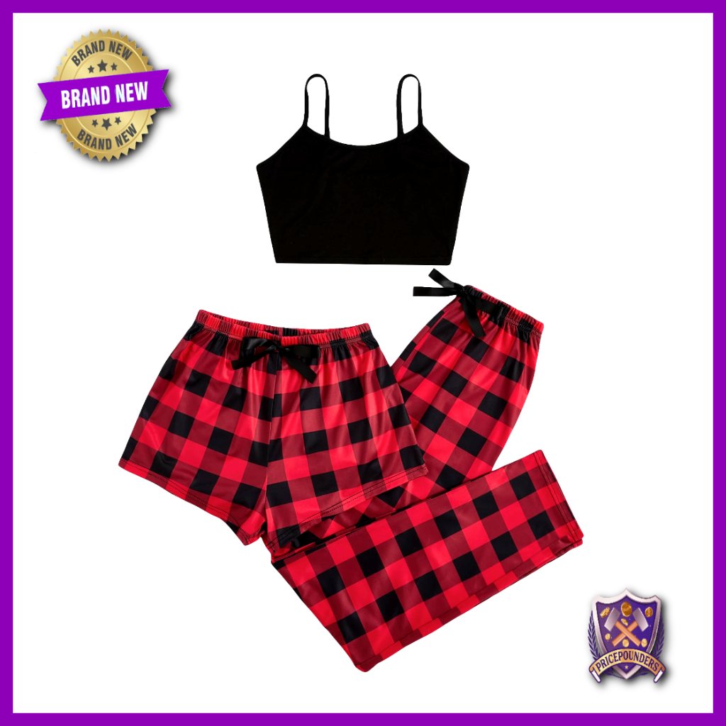 Small Plaid Pajama Set 3-Piece Loungewear Polyester Blend Stretch